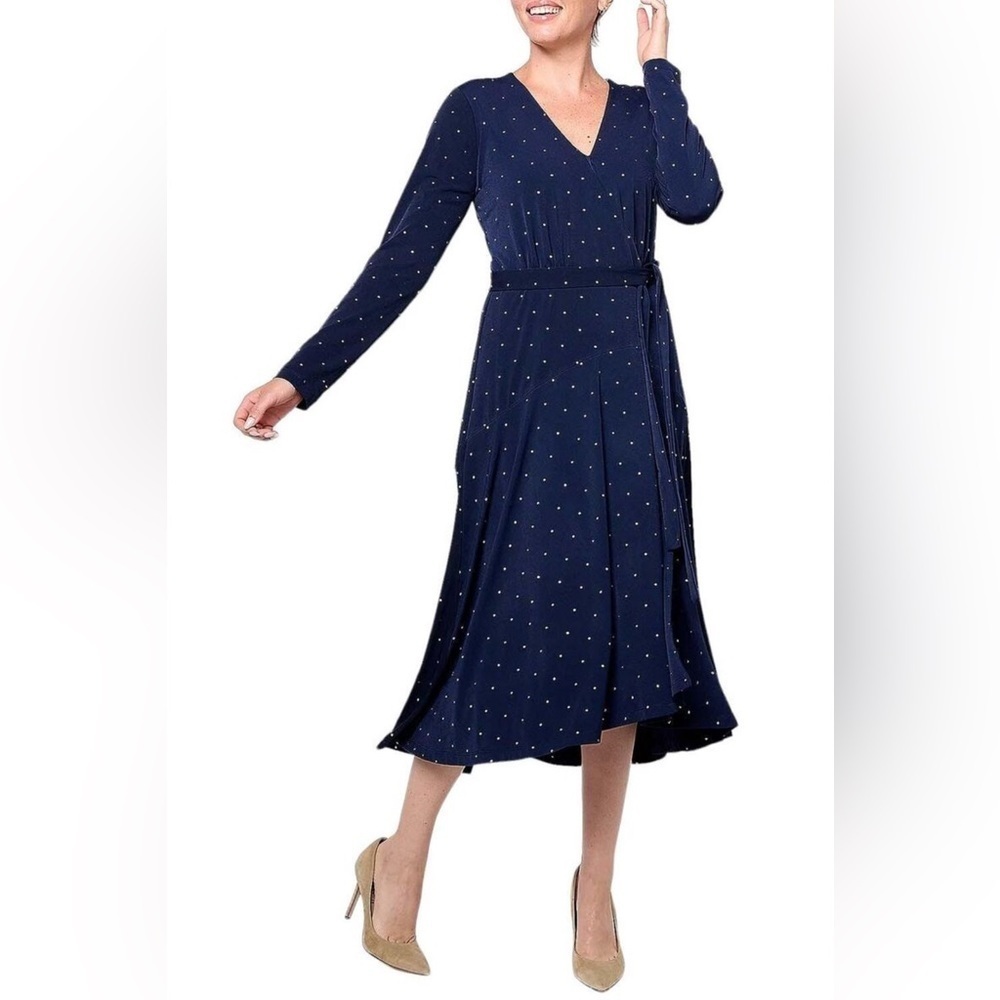 Susan Graver Occasions Pet Embellished Liquid Knit Wrap Dress Navy Size Medium